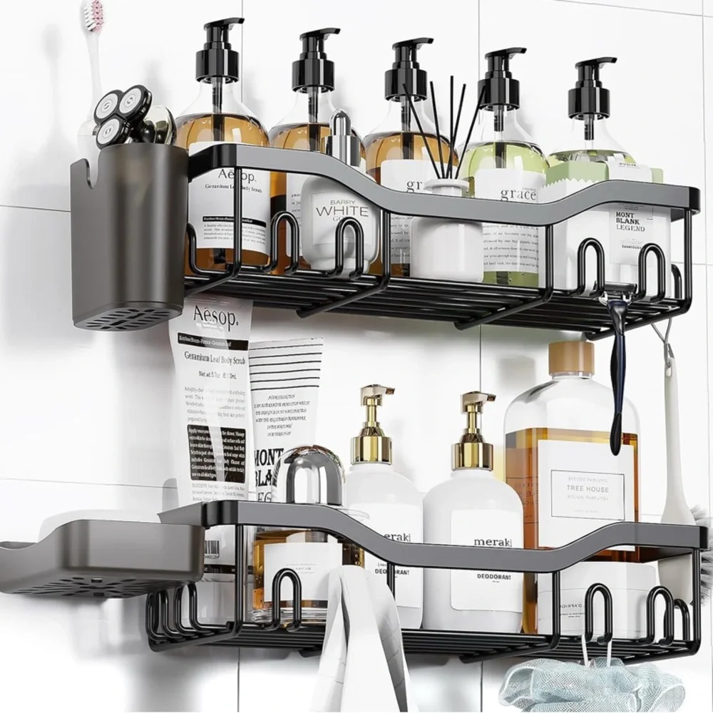 Black Bath Storage Organizer with Two Tiers and Hooks